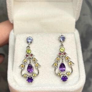 Elegant Natural Amethyst, Tanzanite & Peridot in 925 Sterling Silver Earrings